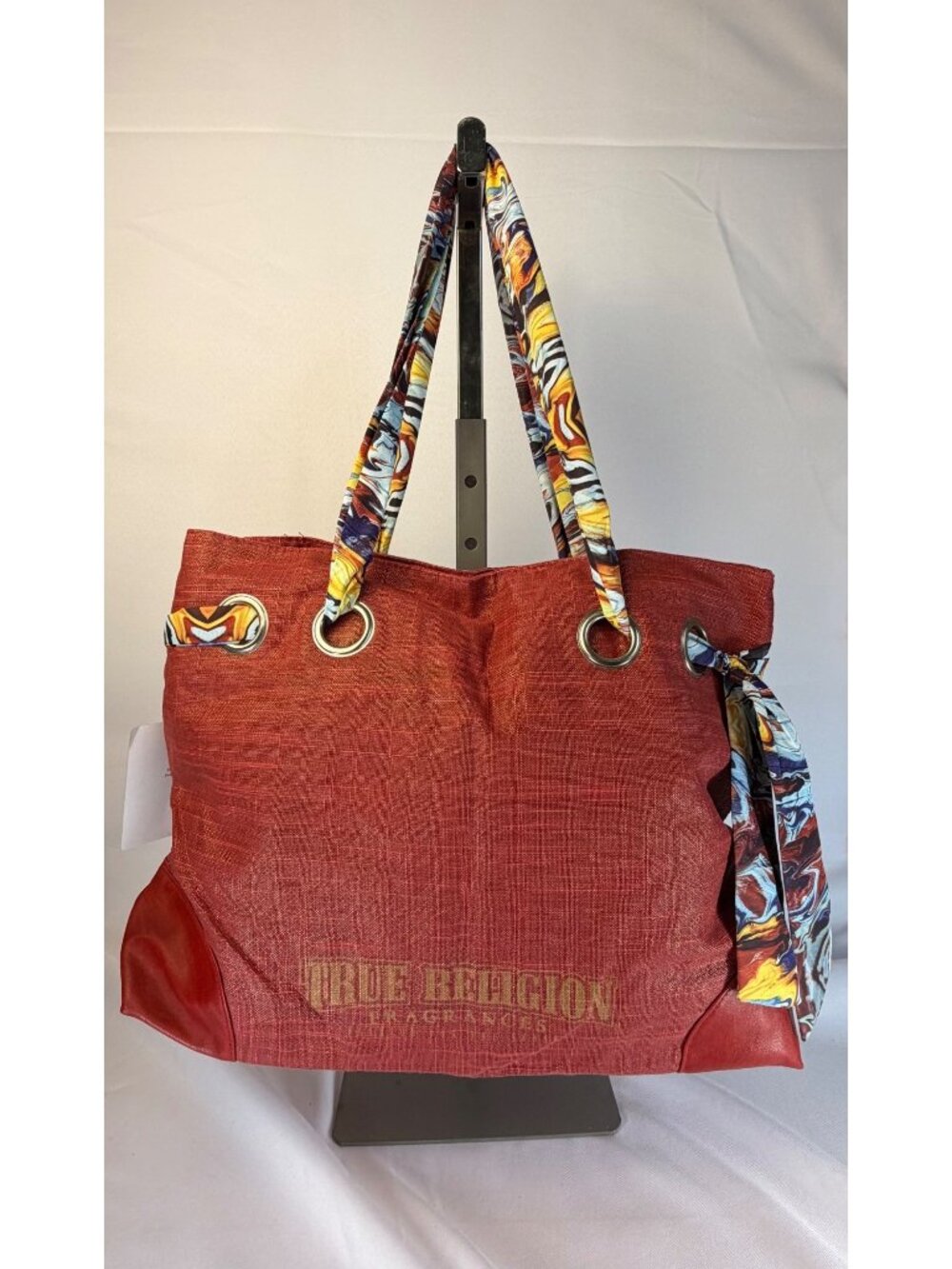 True Religion Red Canvas Tote Bag Scarf Handle Grommet Shoulder Purse Y2K Boho